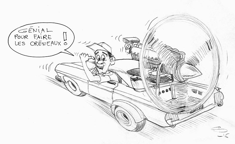 Dessin humoristique d'un pilote au volant d'une Plymouth Belvedere équipée d'un énorme moteur Allison