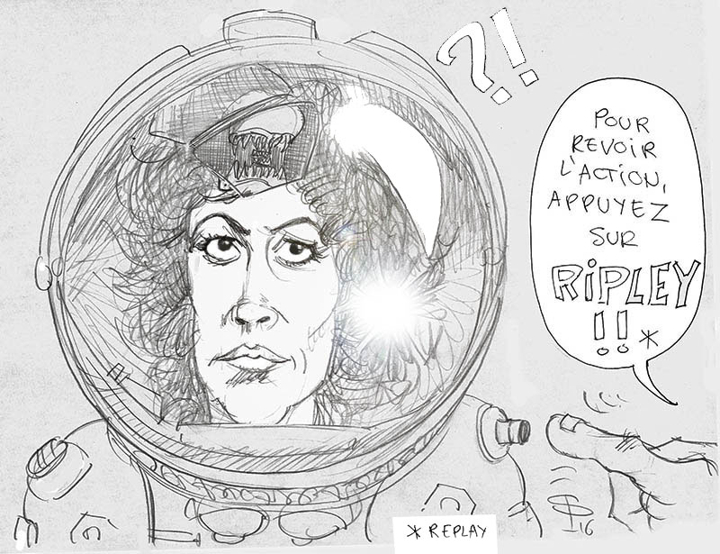 Dessin humoristique de Ripley en casque spatial avec bulle « appuyez sur Ripley »