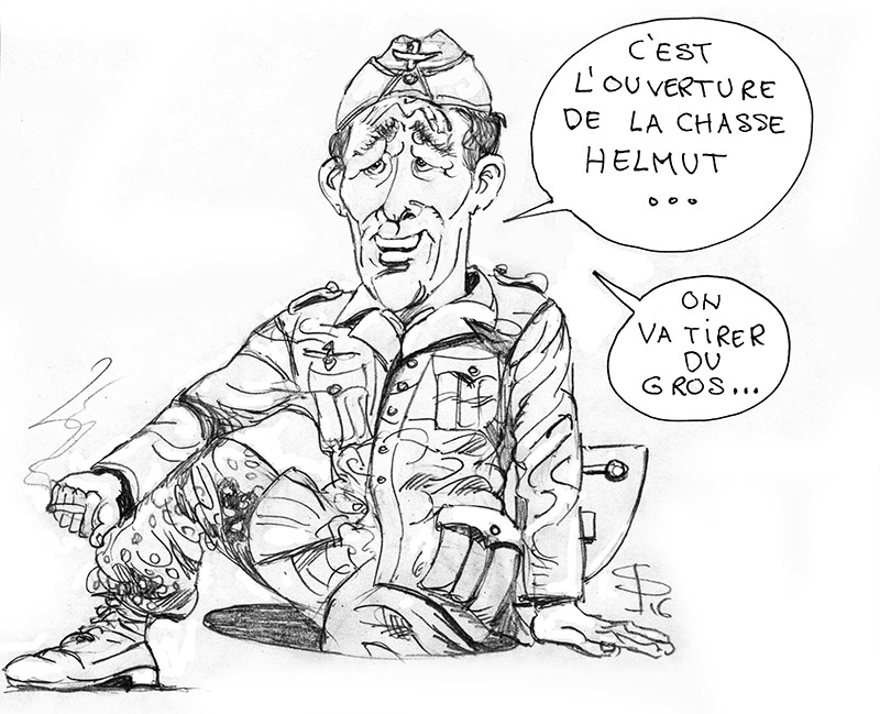 Caricature humoristique d'un soldat allemand en uniforme plaisantant sur l'ouverture de la chasse