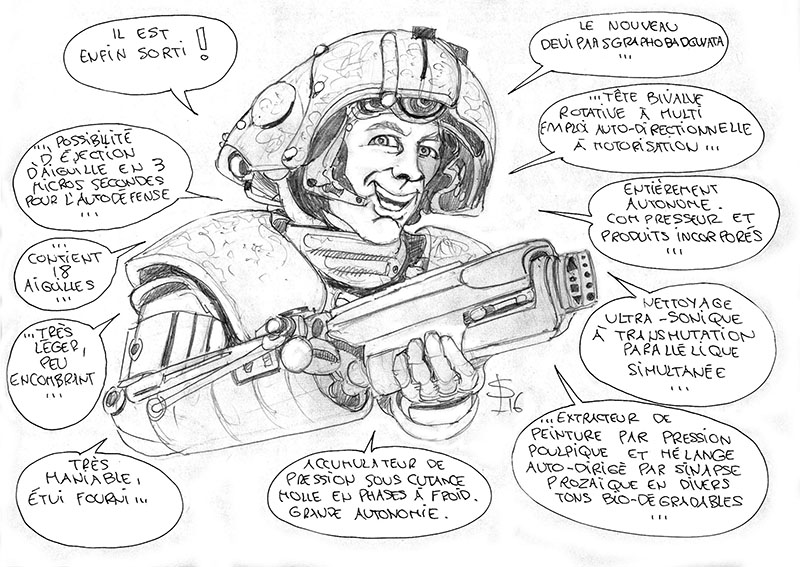 Dessin humoristique d'un soldat futuriste tenant un aérographe surdimensionné aux fonctions imaginaires annotées