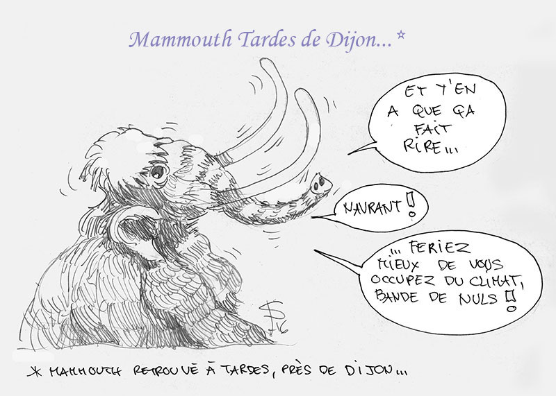 Dessin humoristique d'un mammouth laineux à grandes défenses avec bulles de dialogue sur le climat