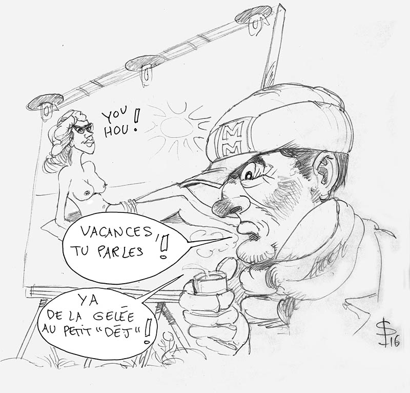 Dessin humoristique d'un homme casquette à l'envers grimaçant devant un panneau de plage avec baigneuse