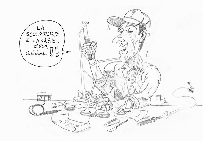 Caricature d'un sculpteur enthousiaste maniant un outil à cire entouré de matériel de modelage