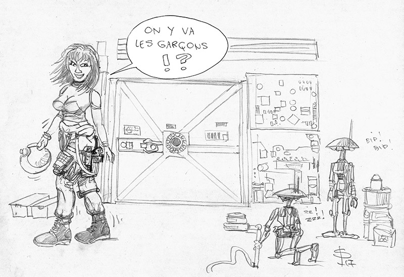 Dessin humoristique d'une femme tenant un casque face à deux robots devant un atelier