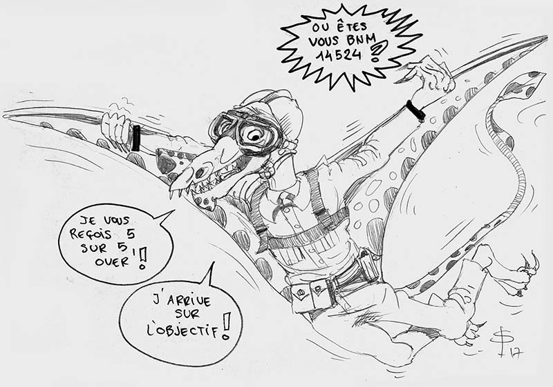 Dessin humoristique d'un Raeticodactylus en aviateur chevauchant un ptérosaure avec bulles de dialogue radio
