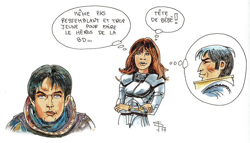 Dessin humoristique des personnages Valérian et Laureline commentant un visage jugé trop jeune