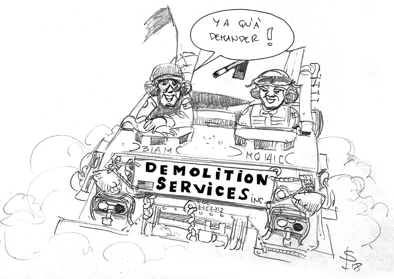 Dessin humoristique de deux soldats casqués dans un char M88A1 portant l'inscription « Demolition Services »