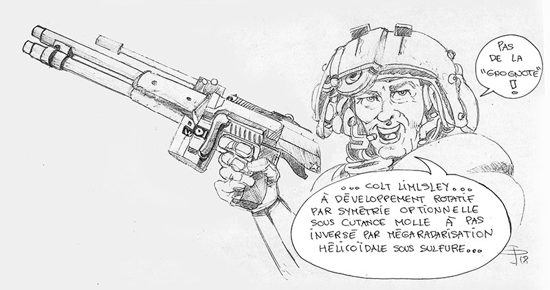 Dessin humoristique d'un soldat casqué brandissant une arme à canons multiples avec bulles de dialogue