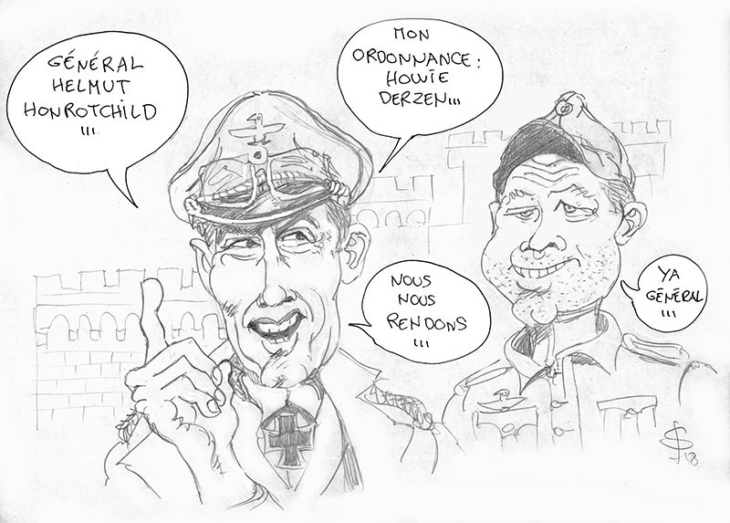 Caricature humoristique de deux officiers allemands devant un château, avec bulles de dialogue