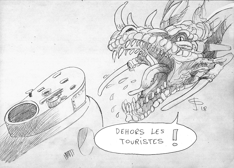 Dessin humoristique au crayon : monstre marin hurlant « Dehors les touristes » face à un sous-marin