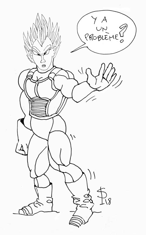 Dessin au trait d'un guerrier Saiyan en armure disant « Y a un problème ? »