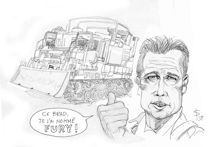 Dessin humoristique d'un homme levant le pouce devant un char nommé Fury, bulle « Ce Brad, je l'ai nommé Fury »
