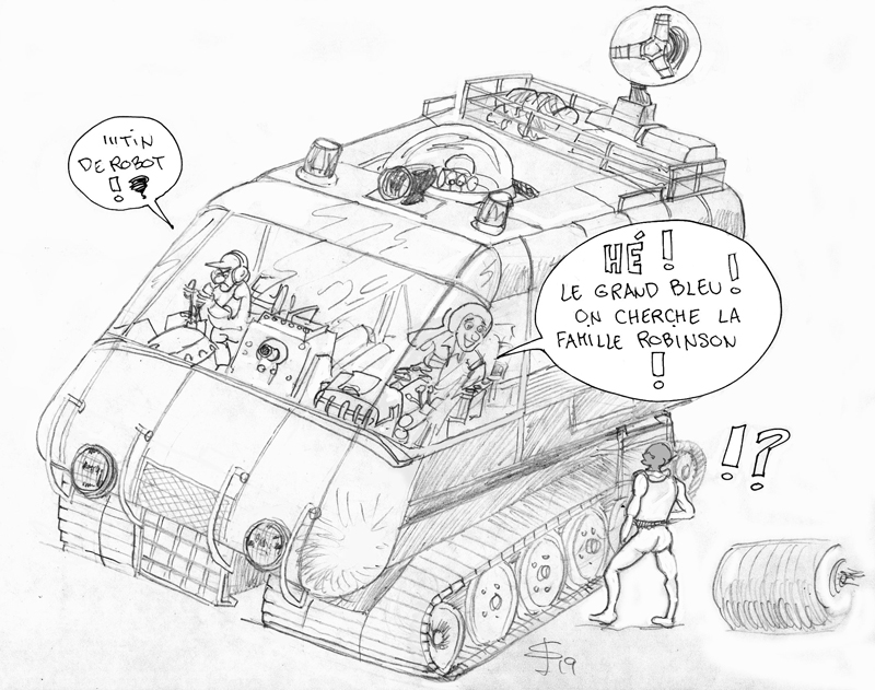 Dessin humoristique au crayon d'un véhicule chenillé futuriste avec personnages dialoguant et bulles de texte
