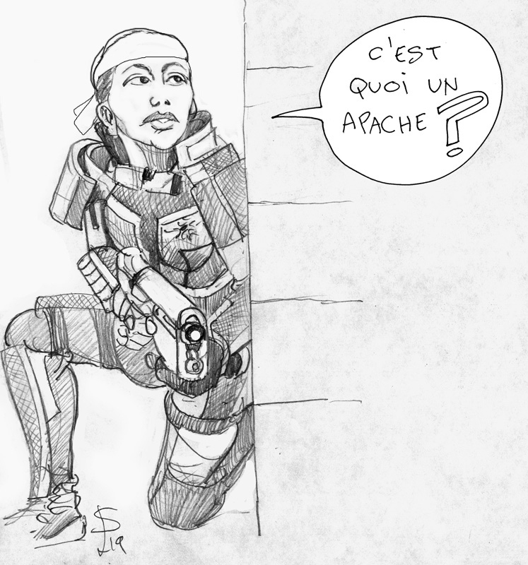 Dessin au crayon d'un soldat en armure avec arme demandant dans une bulle « C'est quoi un Apache »