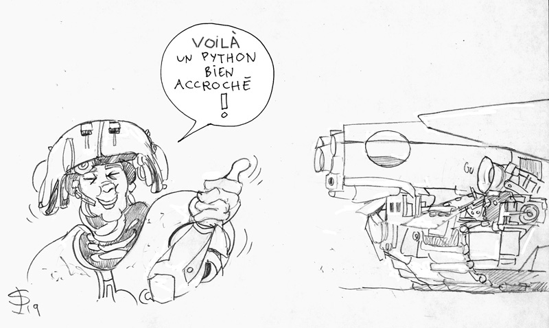 Dessin humoristique d'un pilote casqué pointant un missile Python accroché sous un avion militaire
