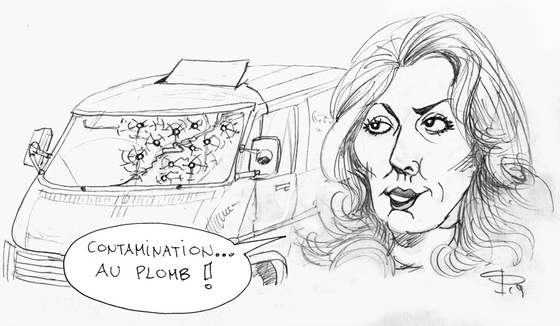 Dessin humoristique d'une femme près d'un camion au pare-brise criblé d'impacts, bulle « contamination au plomb »