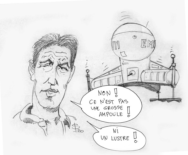 Croquis au crayon d'un homme à côté du vaisseau spatial G.N.U. avec bulles de dialogue humoristiques