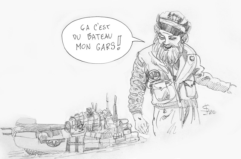 Dessin humoristique d'un marin barbu présentant une maquette de bateau en disant ça c'est du bateau mon gars