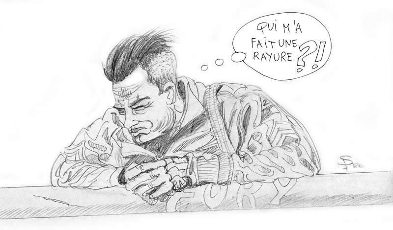 Dessin humoristique au crayon d'un soldat en colère penché sur une table, bulle « Qui m'a fait une rayure ?! »