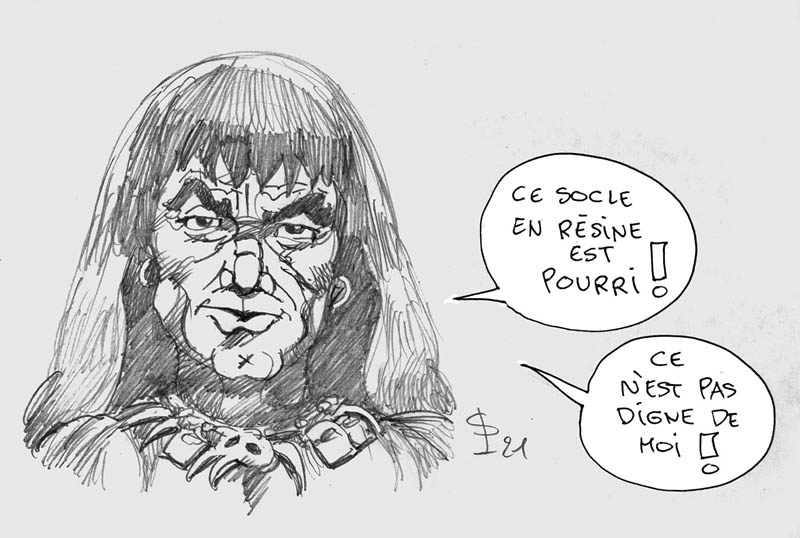 Dessin humoristique d'un guerrier mécontent déclarant qu'un socle en résine est pourri