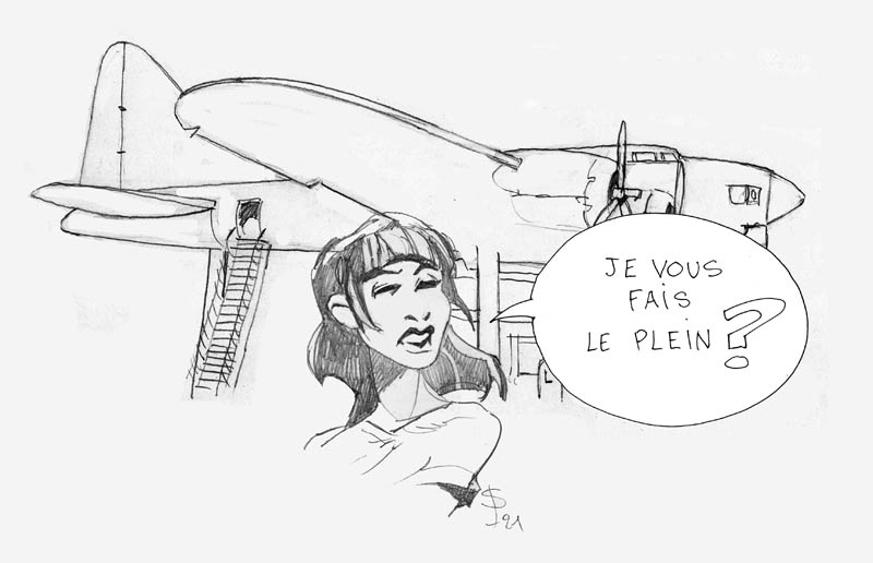 Dessin humoristique d'une femme devant un avion bimoteur Streamliner disant « Je vous fais le plein ? »