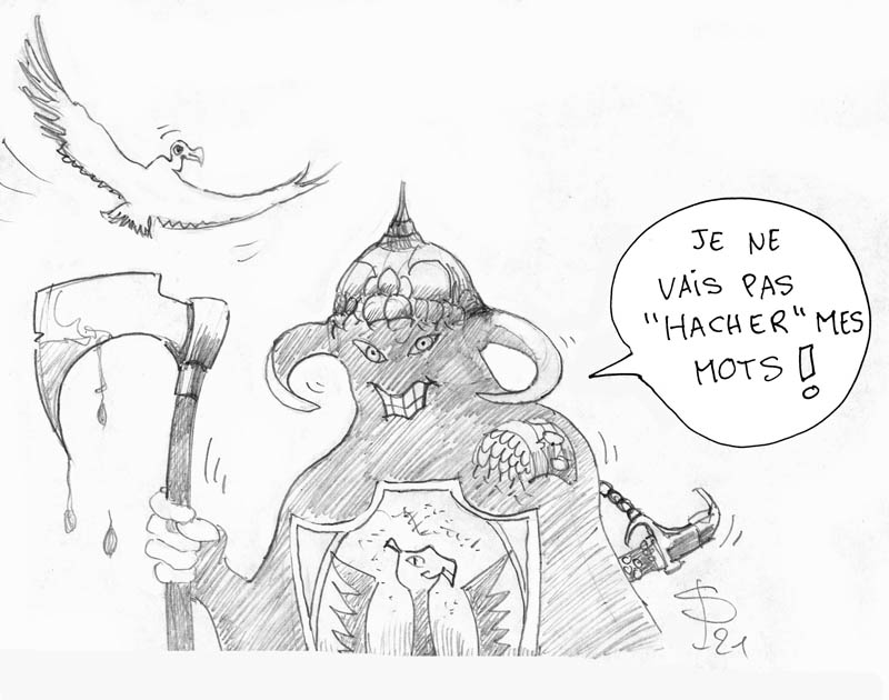 Dessin humoristique d'un guerrier viking casqué brandissant une hache, déclarant qu'il ne hachera pas ses mots