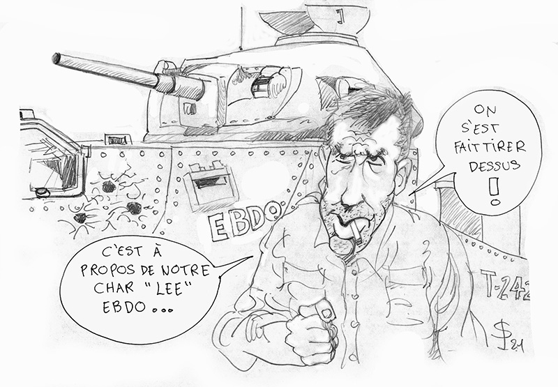 Dessin humoristique d'un soldat fumant la pipe devant un char Lee, avec bulles de dialogue