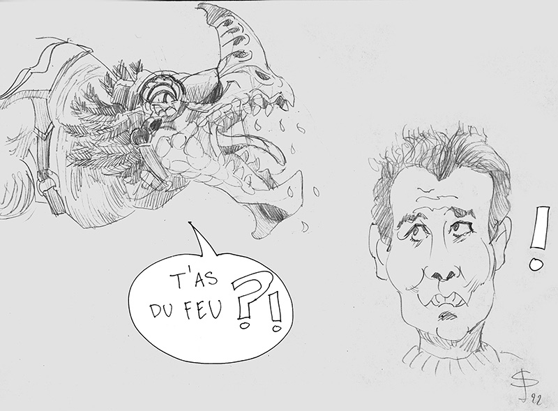 Dessin humoristique au crayon d'une tête de dragon demandant du feu à un homme étonné