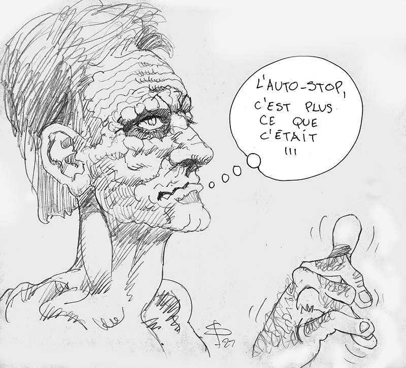 Dessin au crayon d'un zombie ricanant faisant de l'auto-stop, bulle humoristique « l'auto-stop, c'est plus ce que c'était »