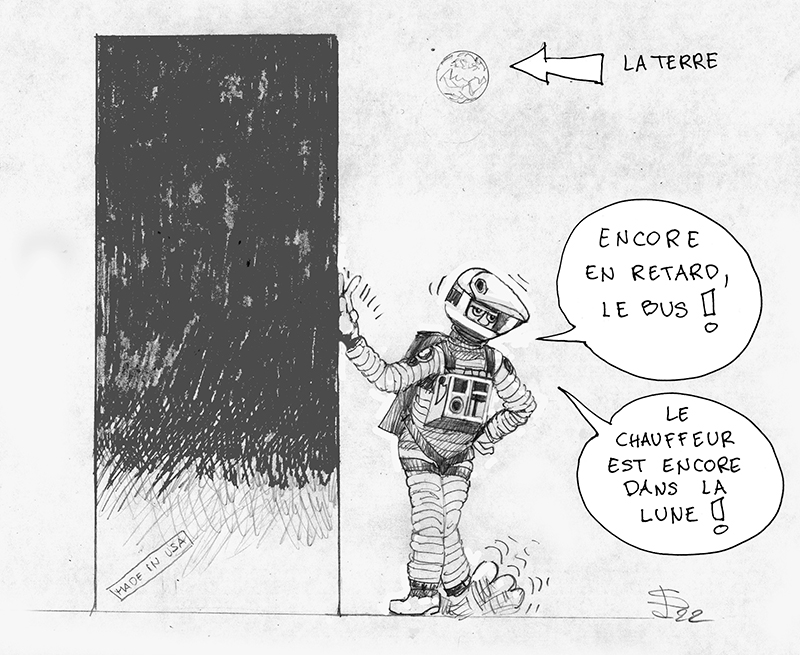 Dessin humoristique d'un astronaute attendant le Moonbus en retard, la Terre visible au loin