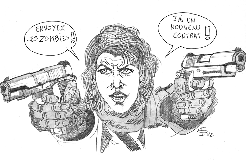 Dessin caricatural d'Alice de Resident Evil Extinction pointant deux pistolets, avec bulles humoristiques