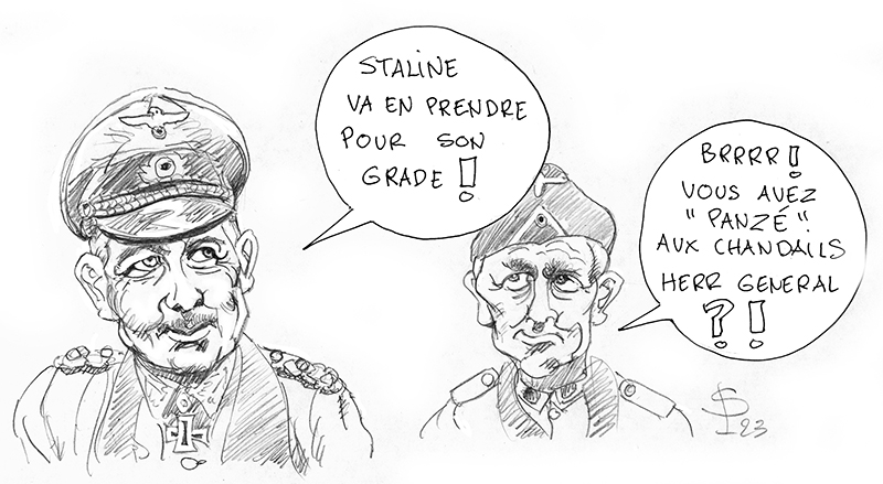 Caricature humoristique de deux officiers allemands échangeant un jeu de mots sur « Panzé »
