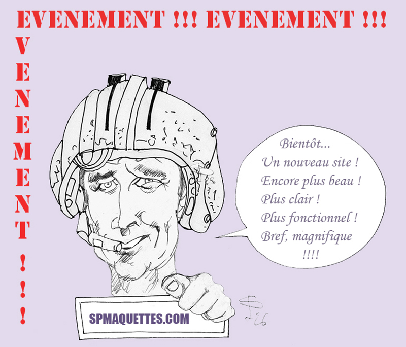 Dessin humoristique d'un tankiste casqué annonçant le nouveau site SPMaquettes.com
