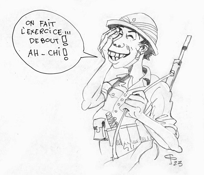 Dessin humoristique d'un soldat japonais rieur en casque colonial portant un fusil, avec bulle de dialogue