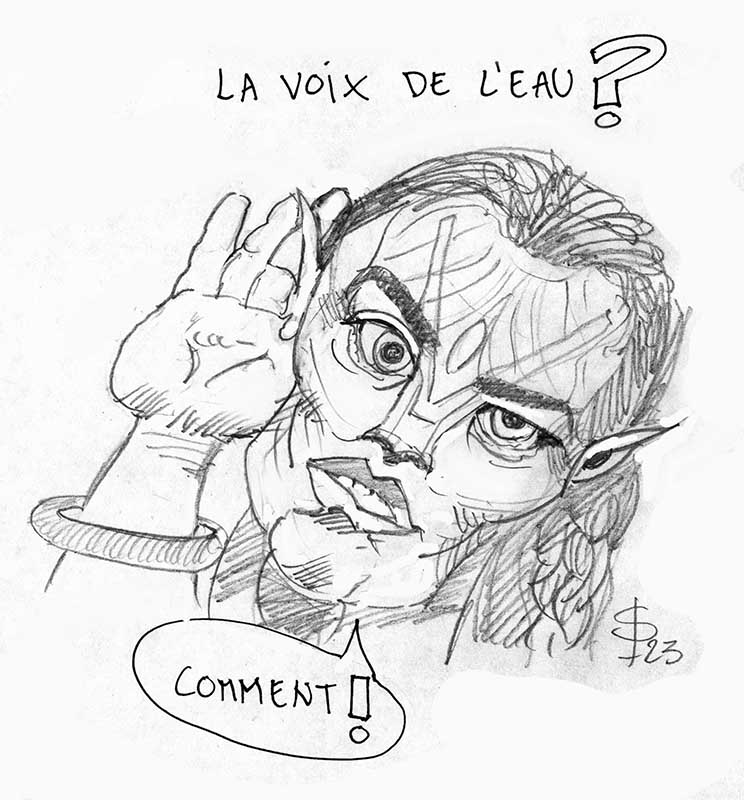Croquis au crayon d'un visage Na'vi d'Avatar 2, main levée près de l'oreille, bulle « Comment »