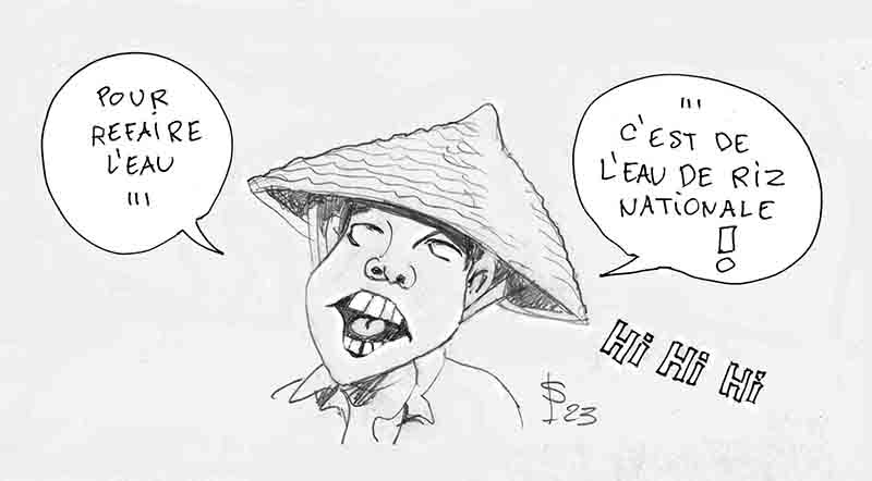 Dessin humoristique d'un personnage au chapeau conique avec bulles de dialogue plaisantant sur l'eau de riz