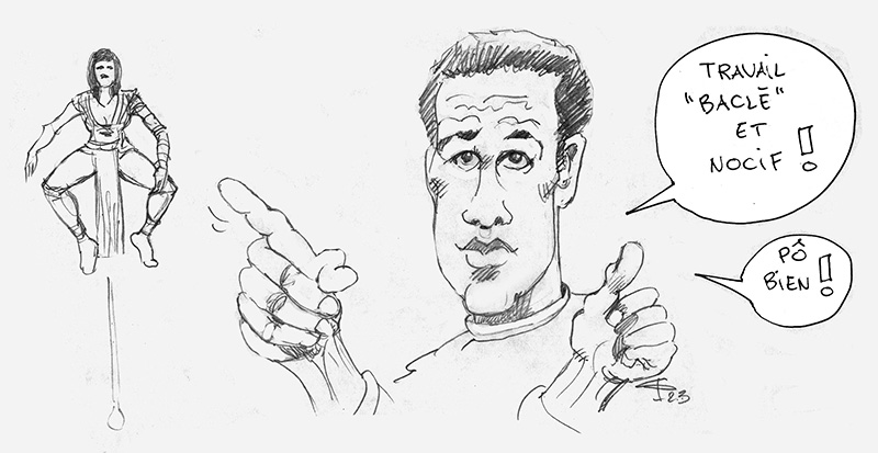 Dessin humoristique d'un homme pointant du doigt avec bulles « travail bâclé et nocif »