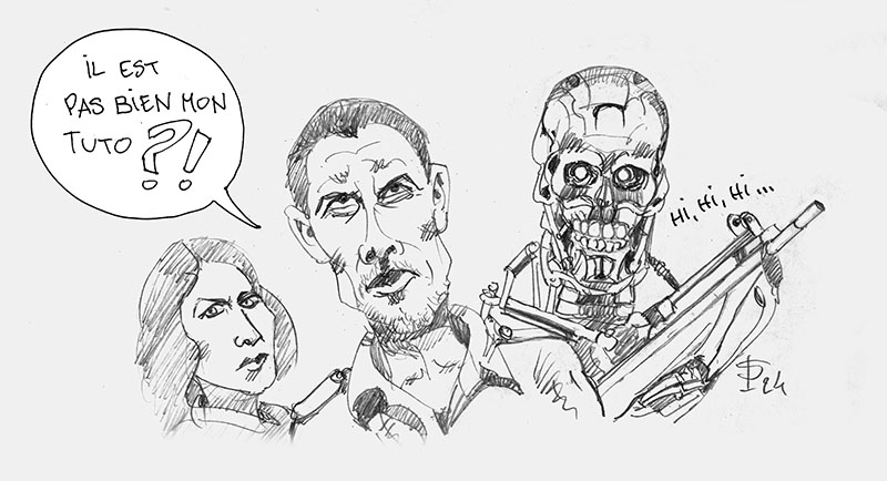 Dessin humoristique au crayon avec deux personnages et un Terminator robot squelette tenant un fusil