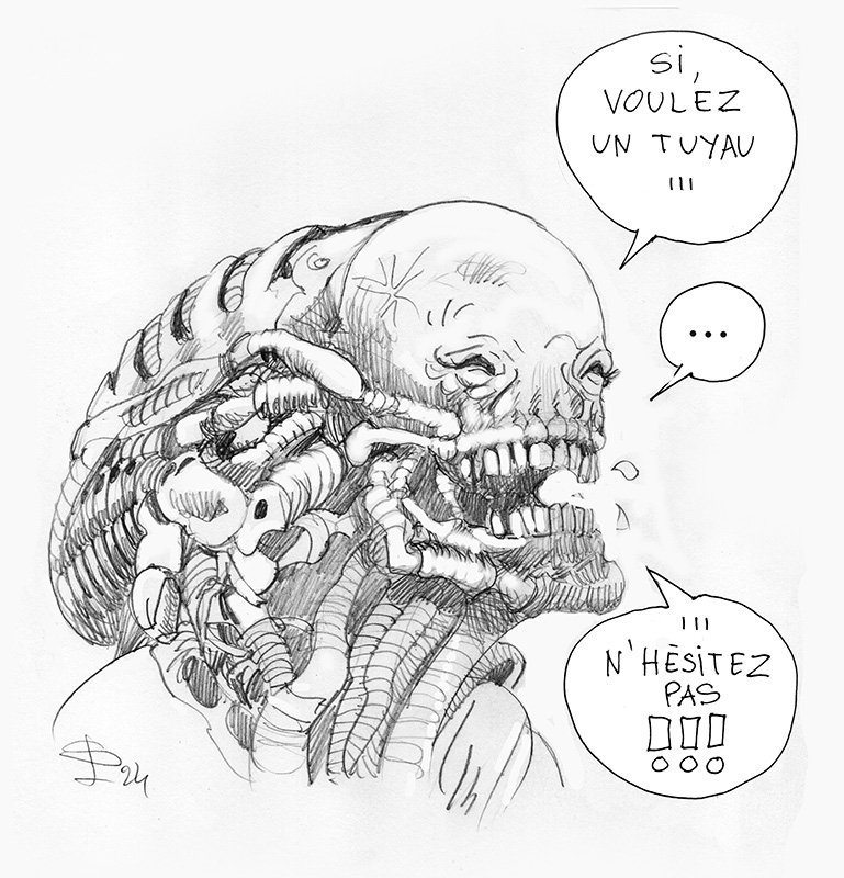 Dessin humoristique au crayon d'une tête de créature Alien avec bulles de dialogue