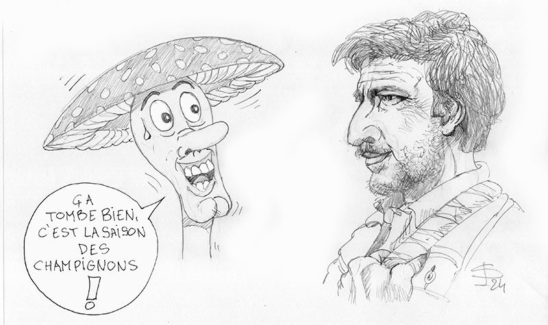 Dessin humoristique au crayon d'un champignon parlant face au portrait de Joel, The Last of Us