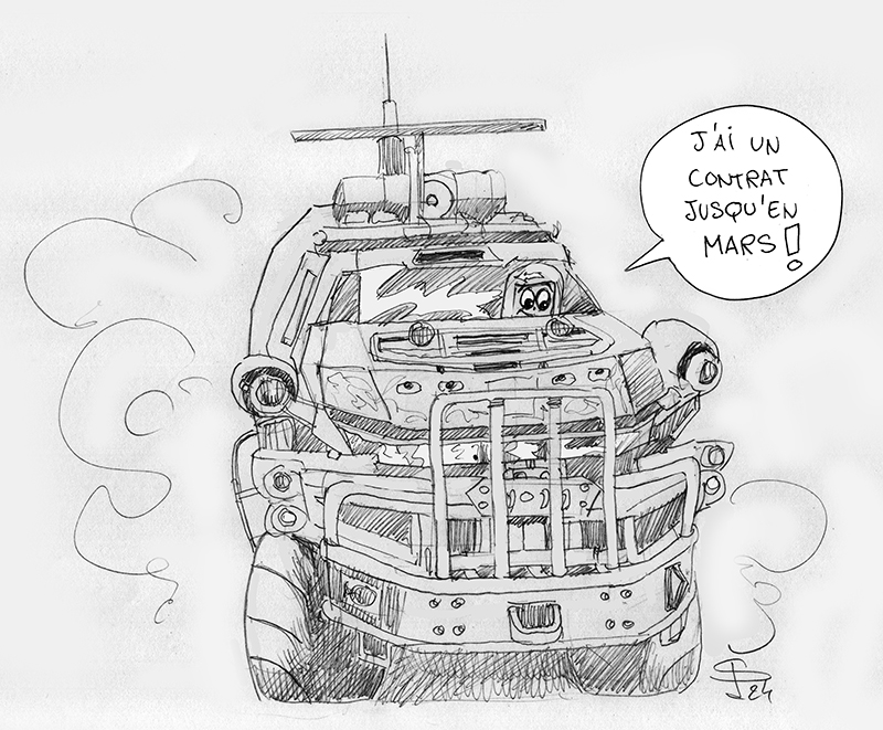 Dessin humoristique d'un véhicule blindé anthropomorphe disant avoir un contrat jusqu'en mars