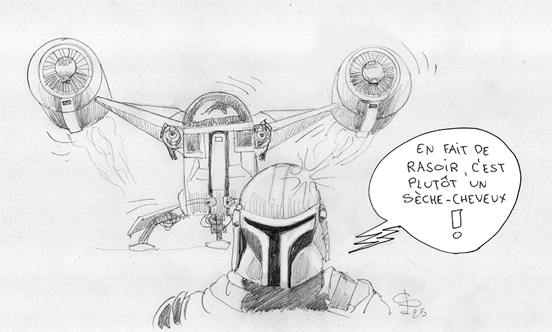 Dessin humoristique du Razor Crest et du Mandalorien plaisantant que le vaisseau ressemble à un sèche-cheveux