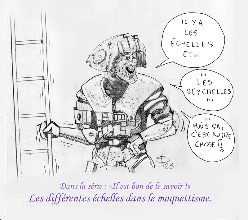 Dessin humoristique d'un personnage en armure près d'une échelle plaisantant sur les échelles et les Seychelles