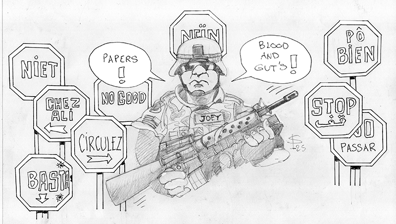 Dessin au crayon d'un soldat armé entouré de panneaux stop multilingues à un point de contrôle