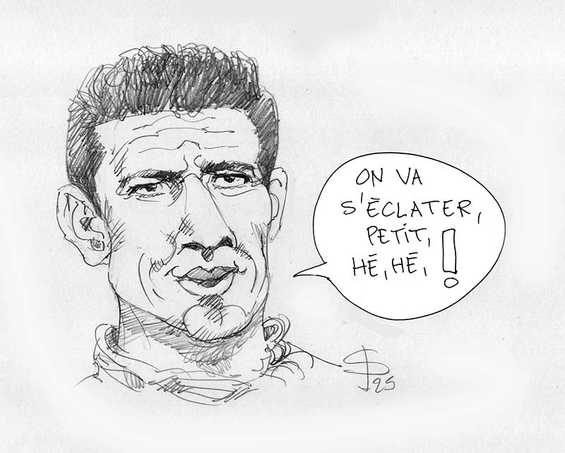 Dessin au crayon d'un homme souriant avec bulle de dialogue « On va s'éclater, petit »
