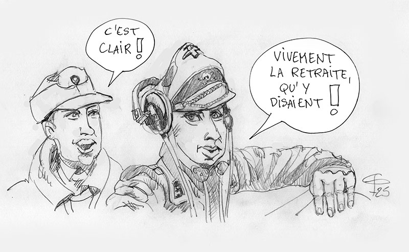 Dessin humoristique de deux soldats casqués échangeant des bulles de dialogue, casque de tankiste à écouteurs