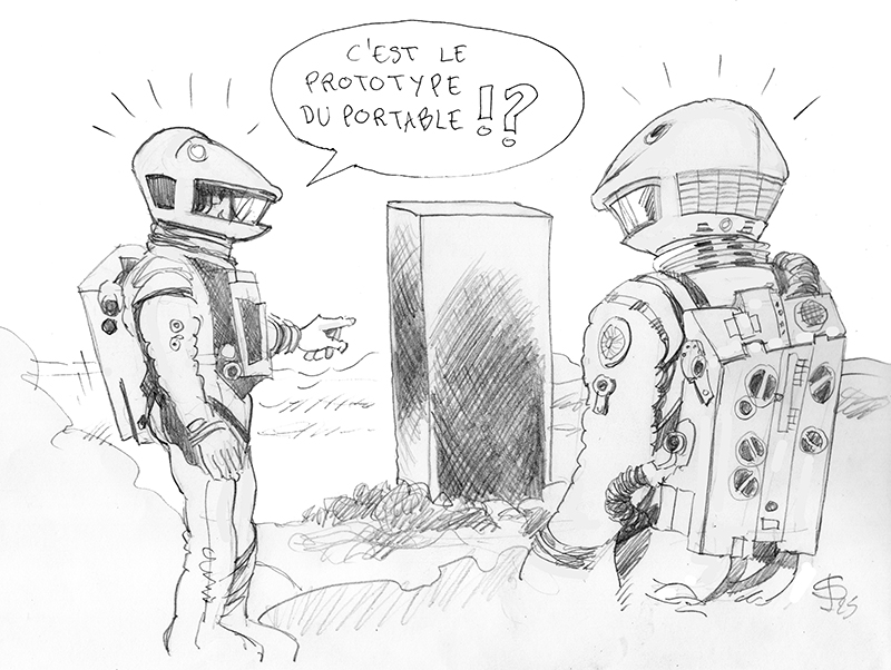 Dessin humoristique de deux astronautes devant un monolithe noir, l'un disant « c'est le prototype du portable »
