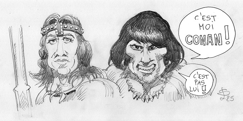 Dessin humoristique de deux personnages de Conan échangeant les répliques « C'est moi Conan » et « C'est pas lui »