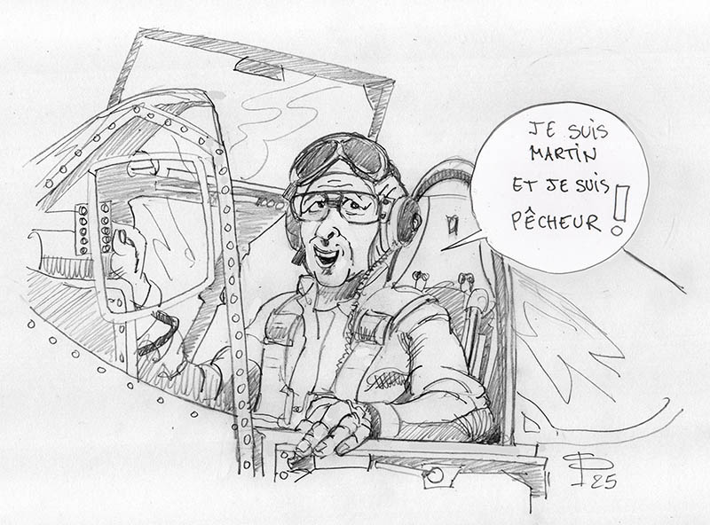 Dessin humoristique d'un pilote dans le cockpit du Vought OS2U déclarant être Martin pêcheur