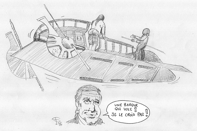 Dessin au crayon d'une barge volante Star avec deux personnages à bord et un homme dubitatif